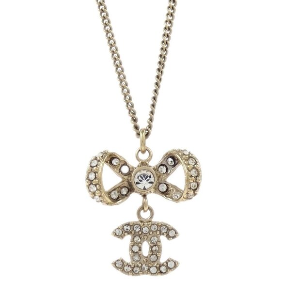 Chanel Gold Chain Pendant Necklace Rhinestone Bow CC - Picture 5 of 6